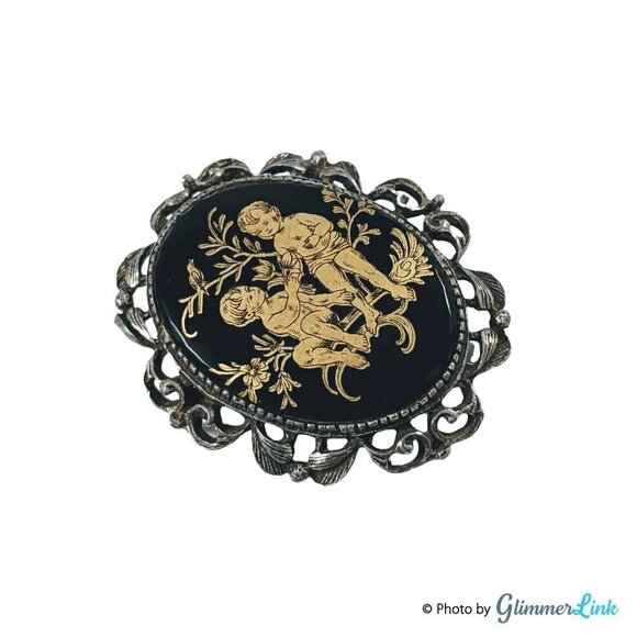 Vintage Two Boys Garden Oval Black & Gold Enamel Silver Tone Brooch Pendant - Picture 5 of 9